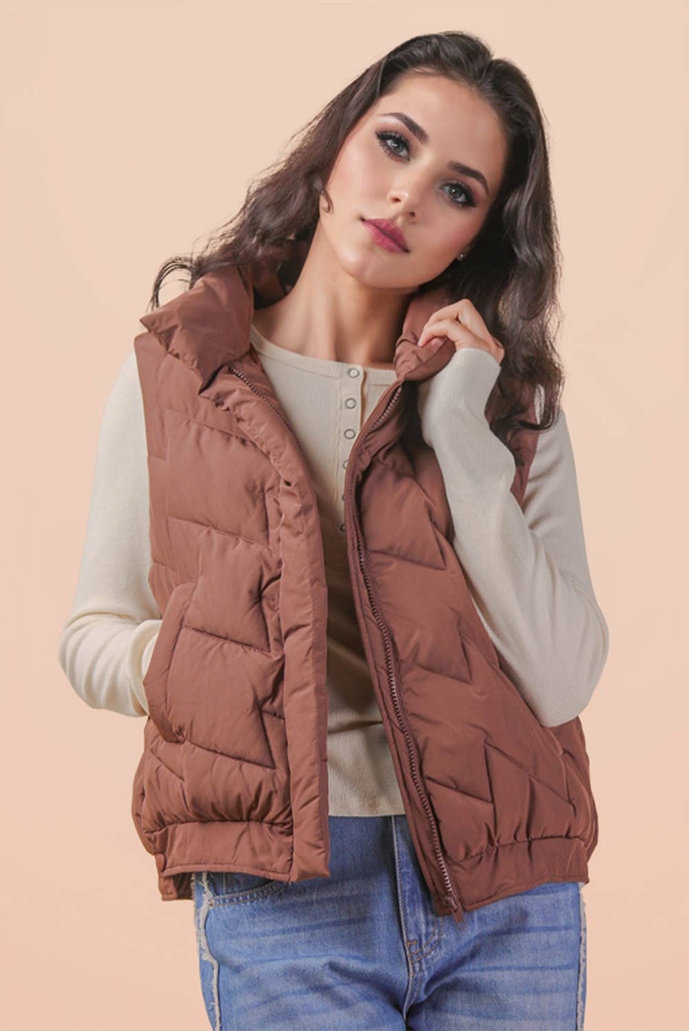 Bermie Mock Neck Casual Zigzag Quilted Puffer Vest