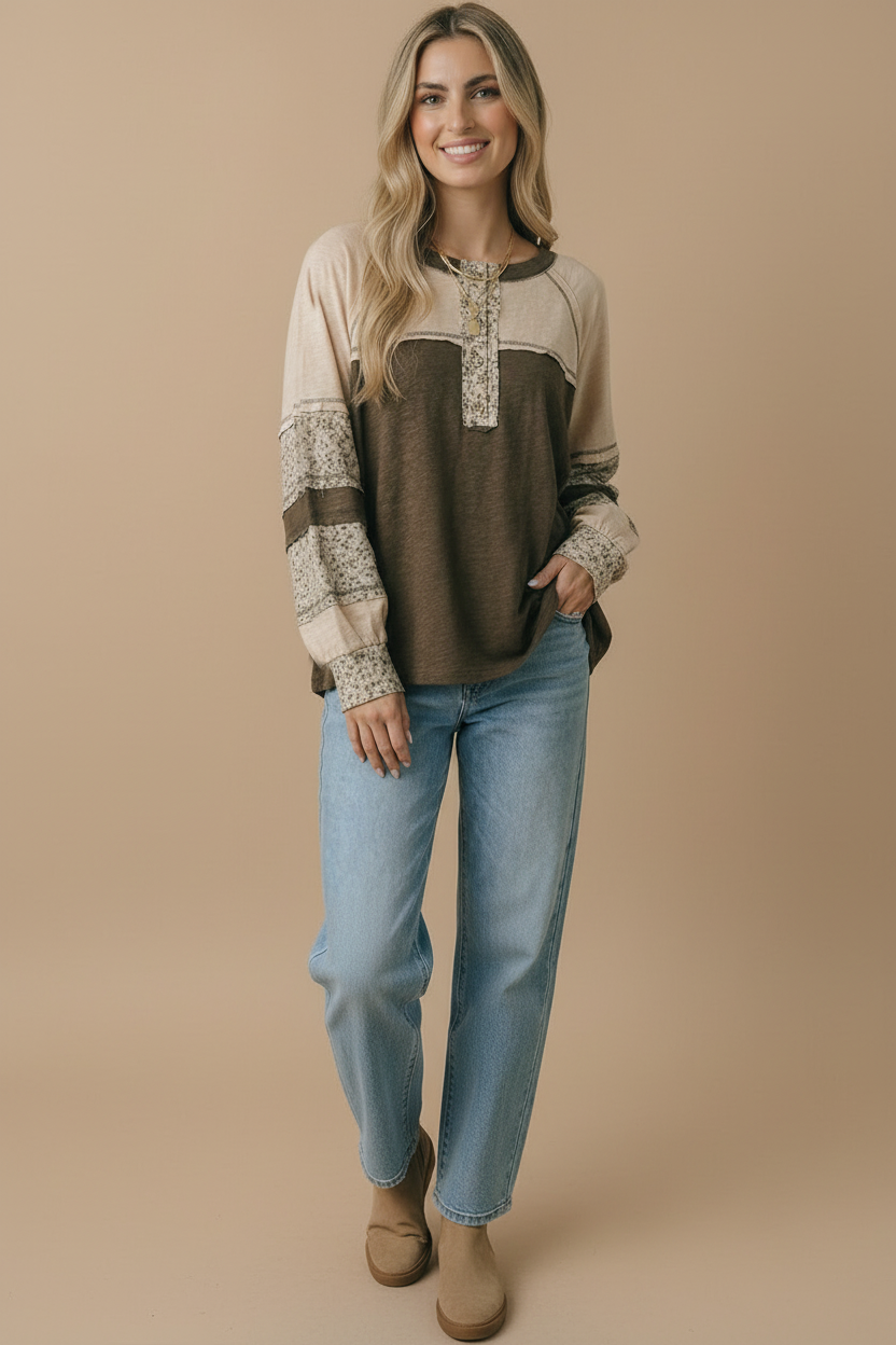 Round Neck Floral Color Block Cotton Slub Top-Haptics
