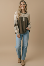 Round Neck Floral Color Block Cotton Slub Top-Haptics