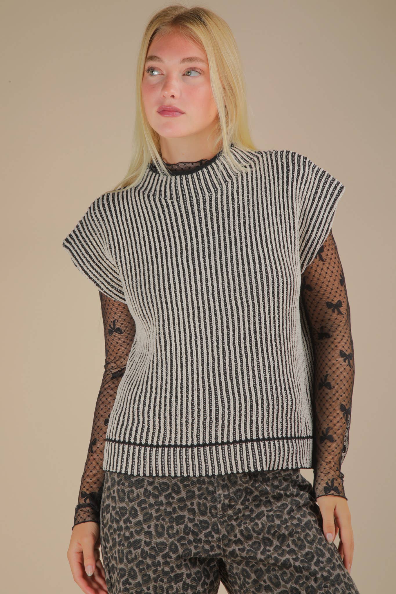 Two Tone Ribbed Knit Sweater Vest