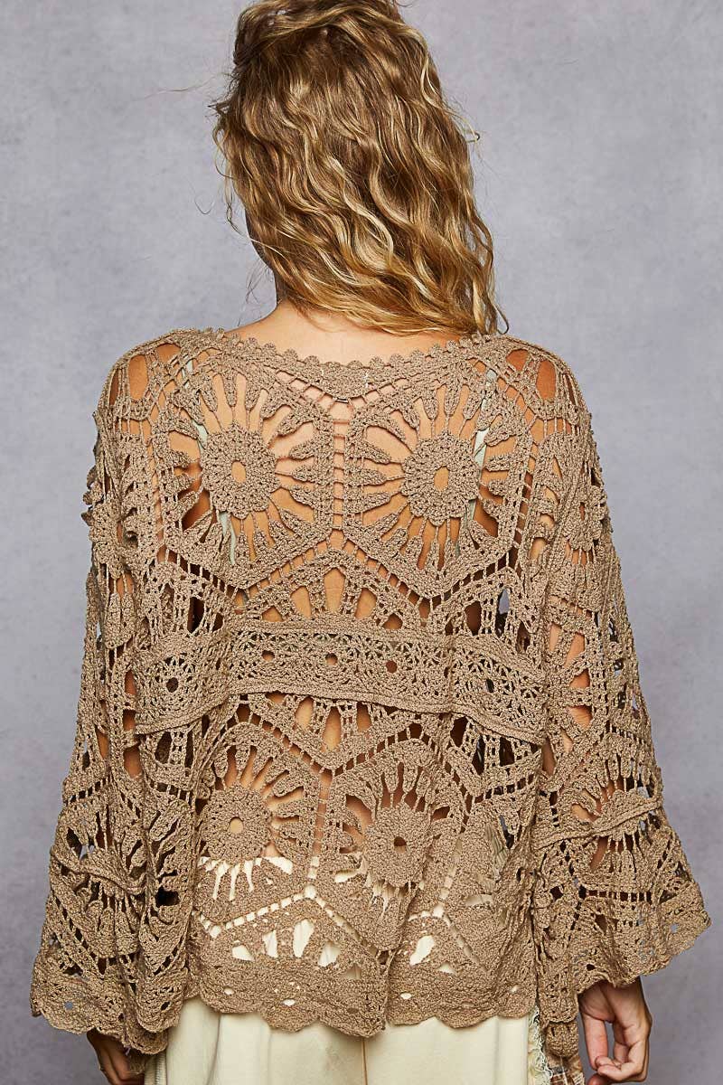 Alexus Round Neck 3/4 Sleeve Crochet Cropped Top