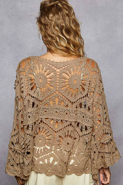 Alexus Round Neck 3/4 Sleeve Crochet Cropped Top