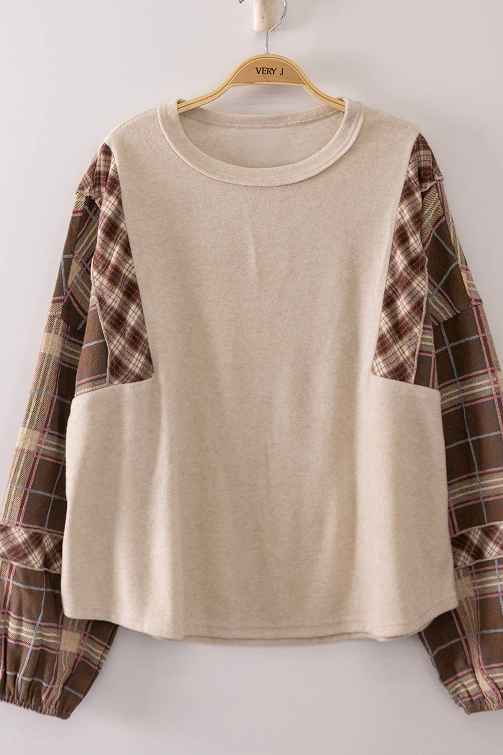 Havanah Contrast Plaid Sleeve Top