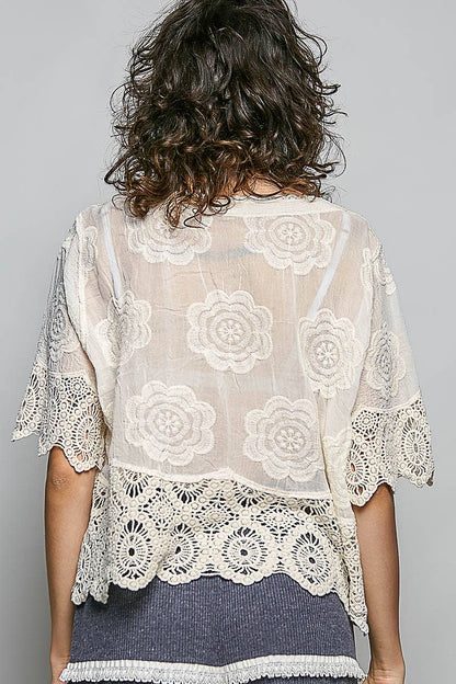 Pol Clothing - Crochet Trim Neckline Short Sleeve Jacket Top