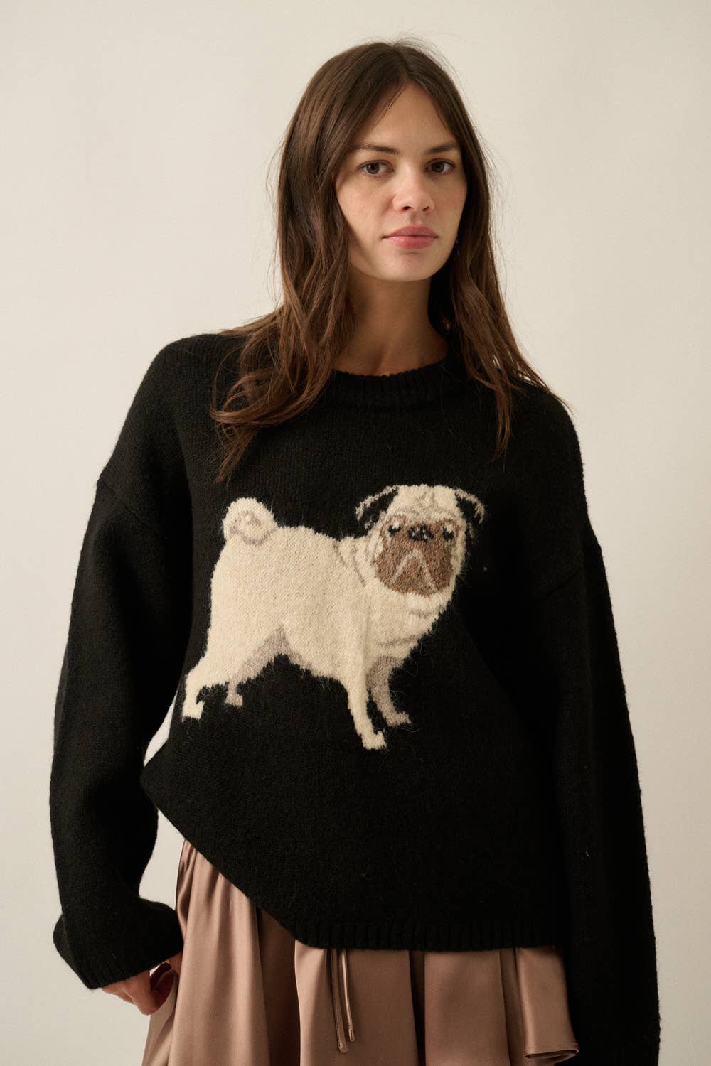 Pug Dog Solid Knit Relaxed-Fit Drop-Shoulder Sweater