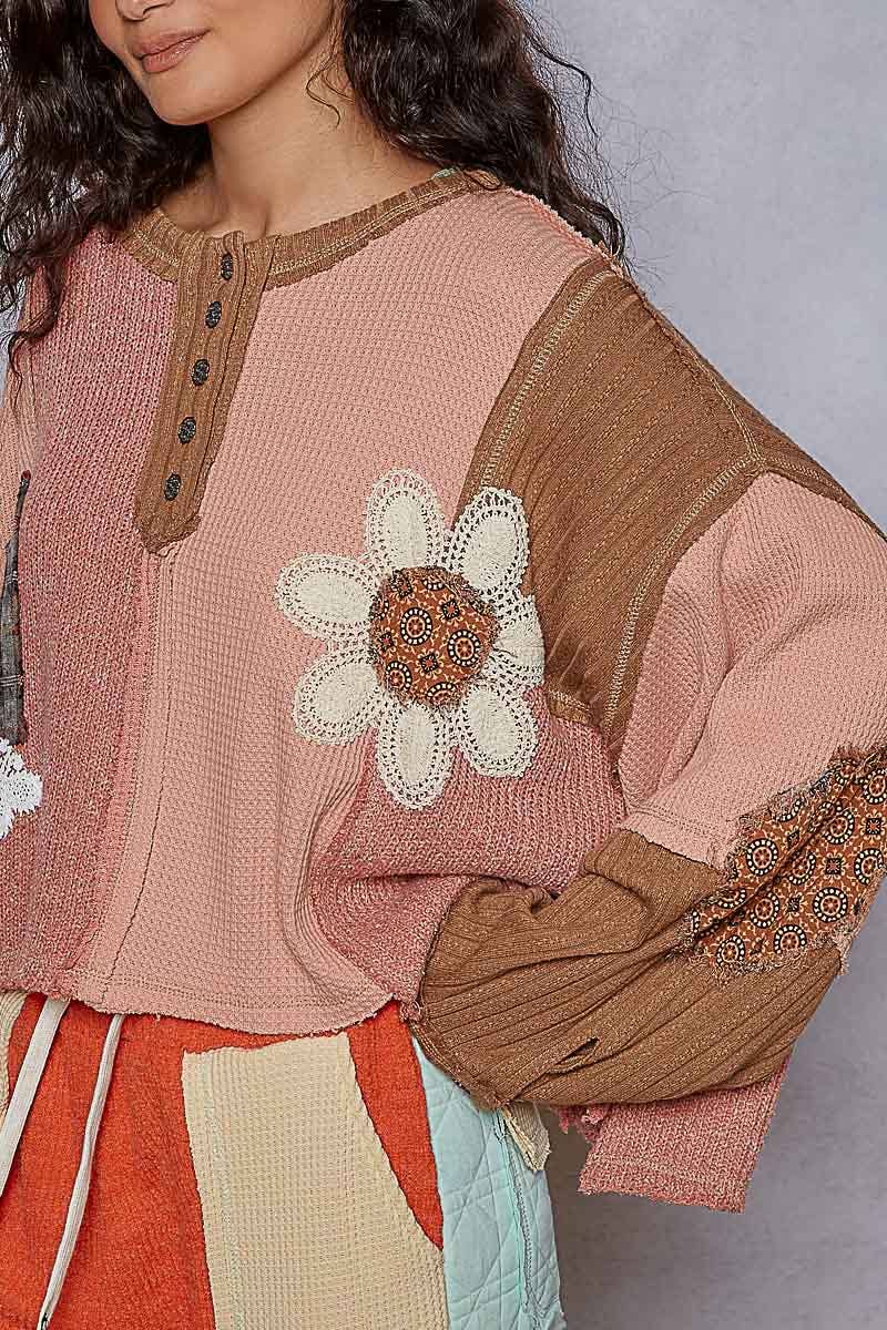Pol Clothing - Round neck cut and sew patch oversized knit top