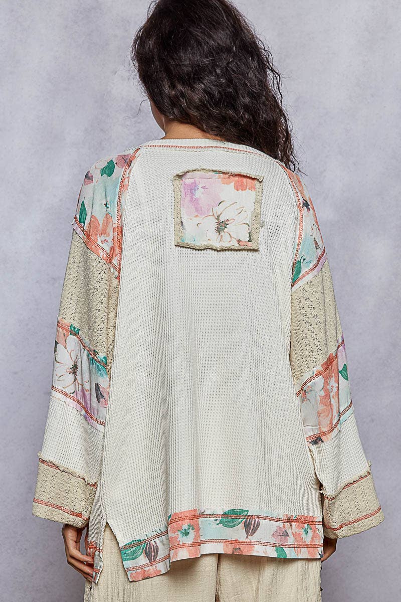 Pol Clothing - Round neck printed peace patch overlock stitch knit top