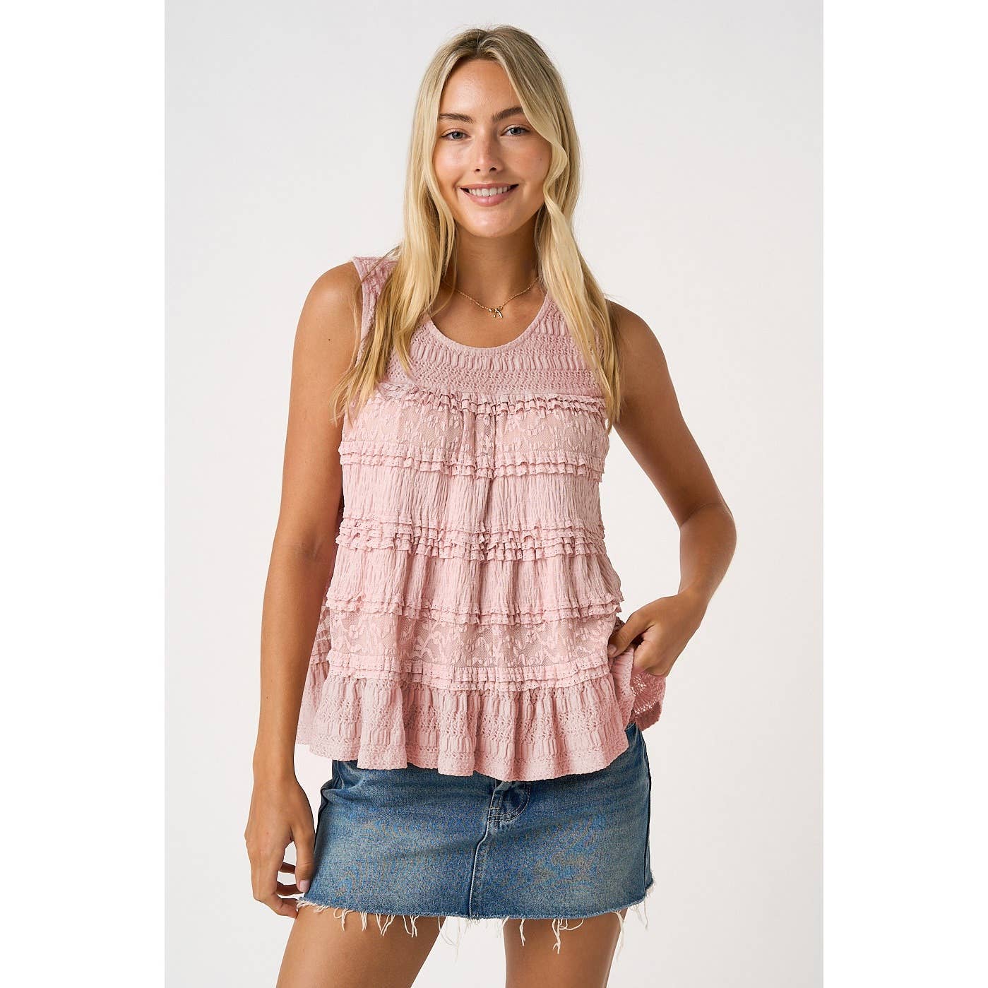 LACE TEXTURE RUFFLE TIER ROUND NECK TANK TOP