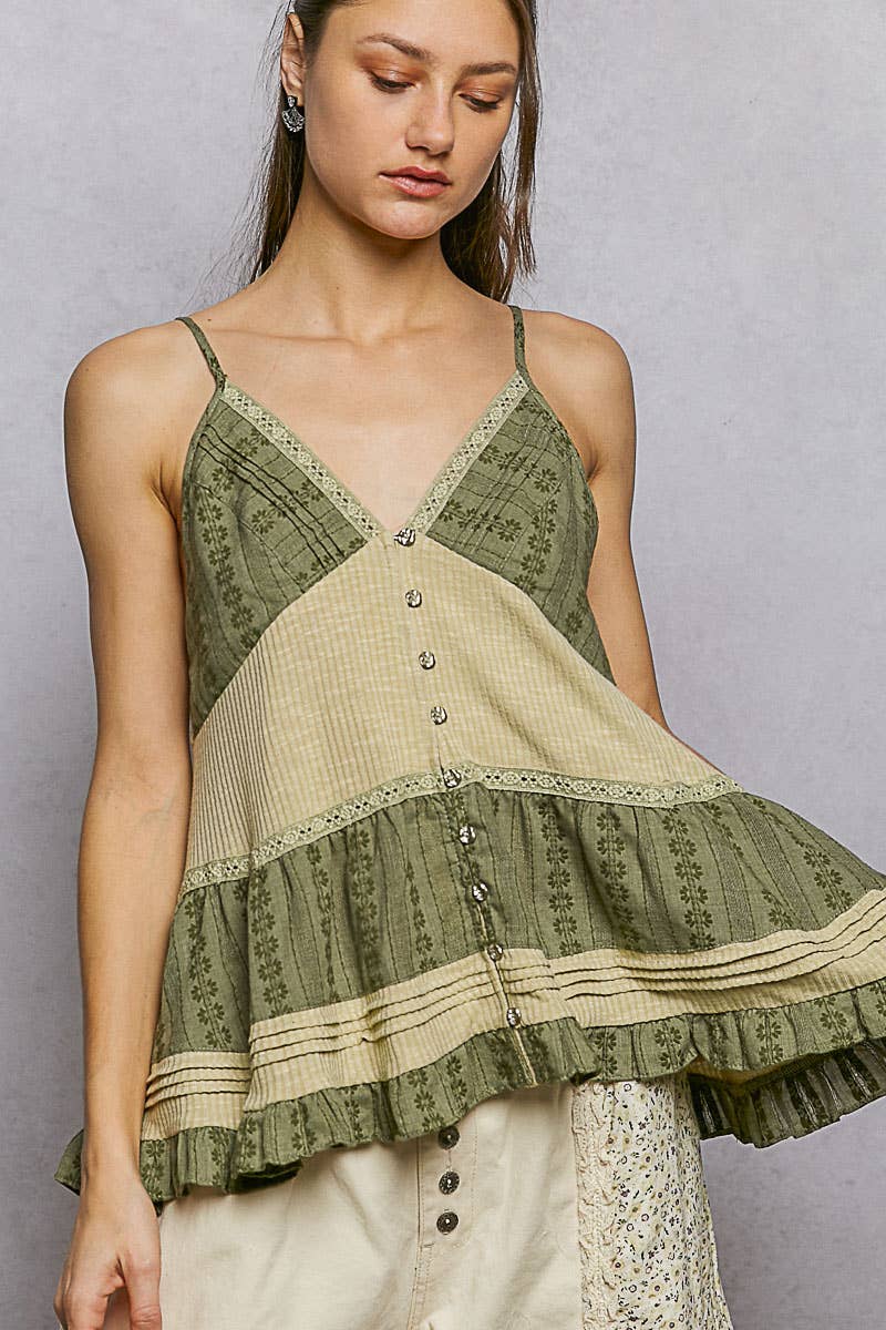 Pol Clothing - Adjustable Strap Ruffle Pintuck Sleeveless Cotton Top