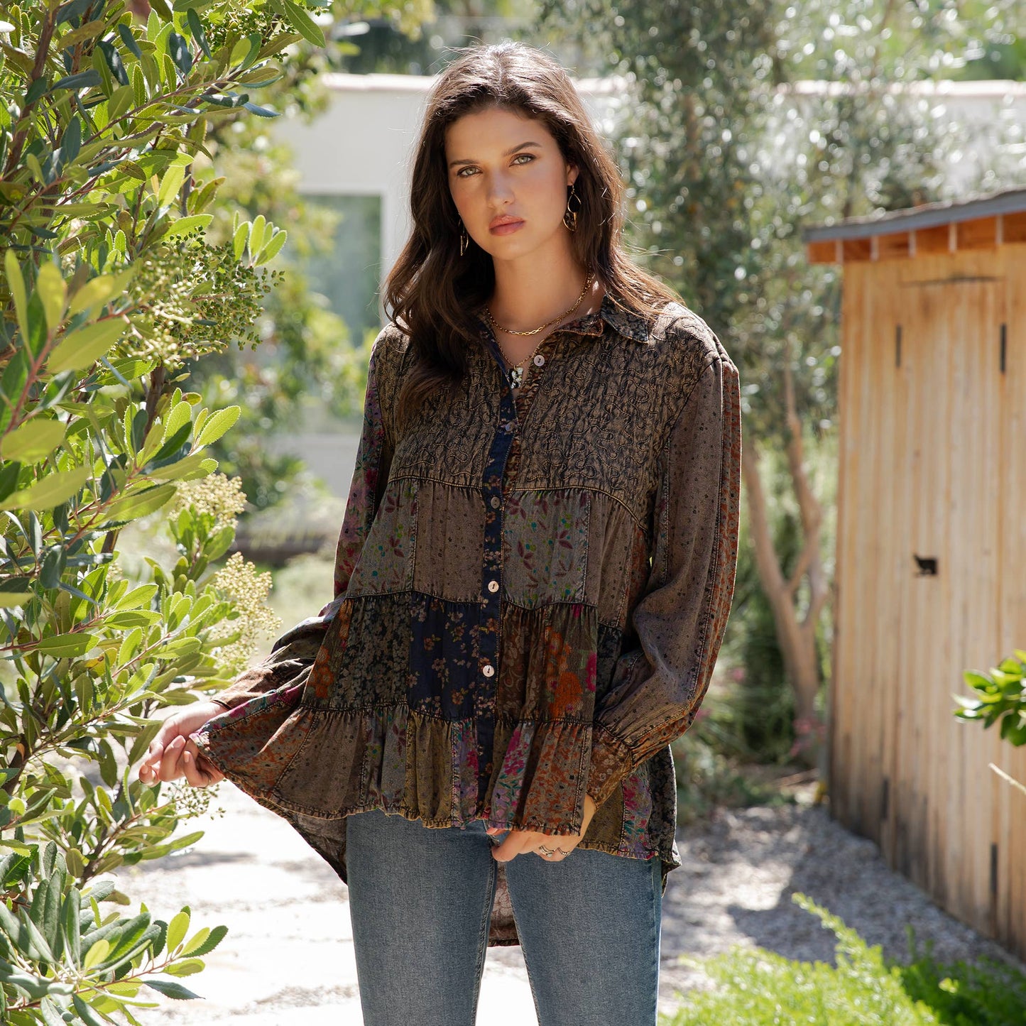 Young Threads - Front-Open Boho Shirt with Quilted Emb & Rayon Tiers