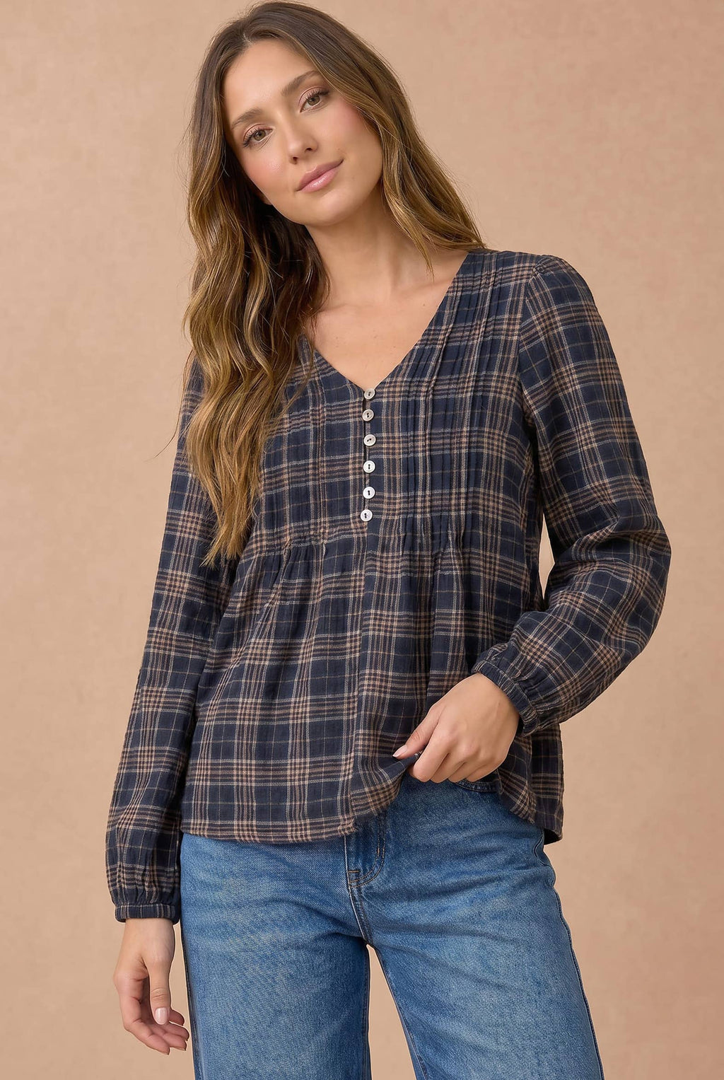 Haptics - Plus Crinkle Plaid Pin Tuck Buttoned Woven Blouse