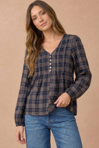 Haptics - Plus Crinkle Plaid Pin Tuck Buttoned Woven Blouse