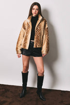 LE LIS - Faux Fur Deer Print Zip Jacket