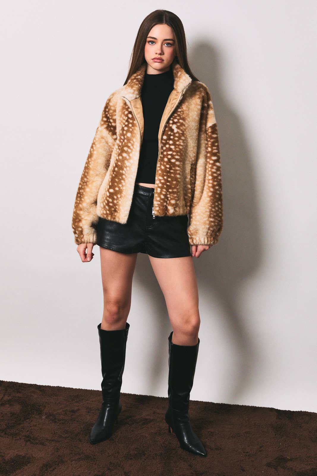 LE LIS - Faux Fur Deer Print Zip Jacket