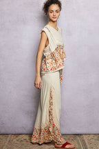 Pol Clothing - V-neck Floral Pattern Trim Ruffle Rib Knitted Sleeveless Top