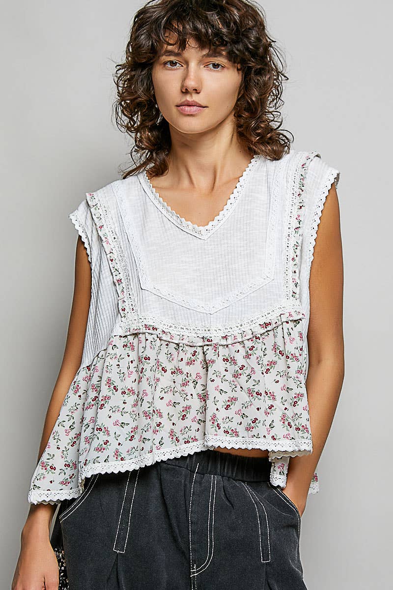 Pol Clothing - V-neck Floral Pattern Trim Ruffle Rib Knitted Sleeveless Top