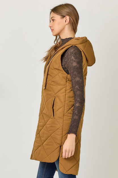Mystree Quilted Puffer Long Hoodie Vest