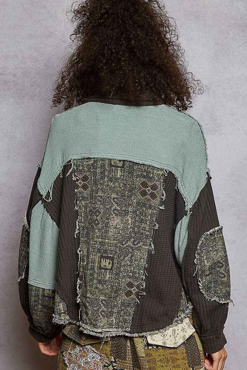Pol Clothing - Balloon Sleeve Contrast Paisley Pattern Cropped Knit Jacket