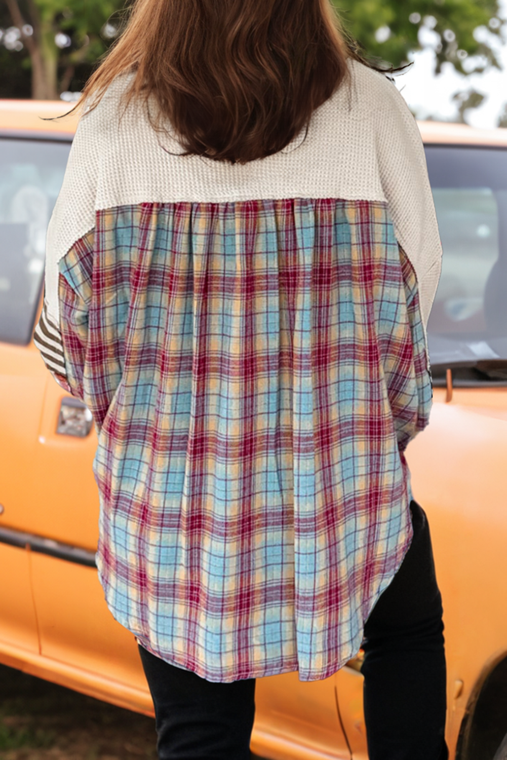 Western Waffle Stripe Plaid Patchwork Henley Knit Top