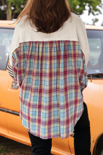 Western Waffle Stripe Plaid Patchwork Henley Knit Top