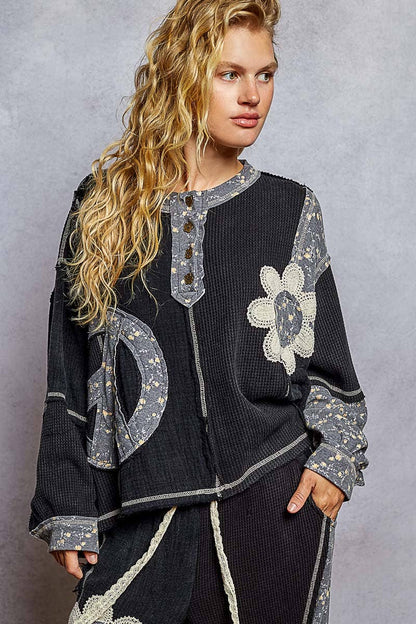 Pol Clothing - Round neck peace patch floral oversized fit knit top