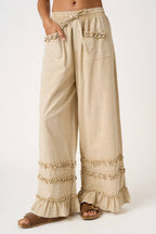 RUFFLE TRIM POCKET MINERAL WASH WIDE LEG PANTS