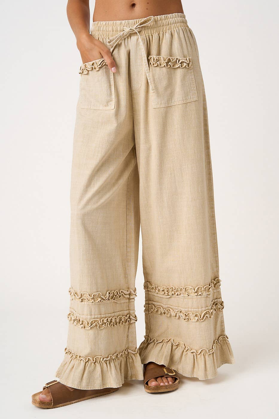 RUFFLE TRIM POCKET MINERAL WASH WIDE LEG PANTS