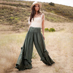 Young Threads - Boho Smocked Mineral Wash Lace Tiered Ruffle Pants NEW