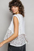 Pol Clothing - V-neck Floral Pattern Trim Ruffle Rib Knitted Sleeveless Top