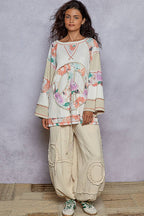 Pol Clothing - Round neck printed peace patch overlock stitch knit top