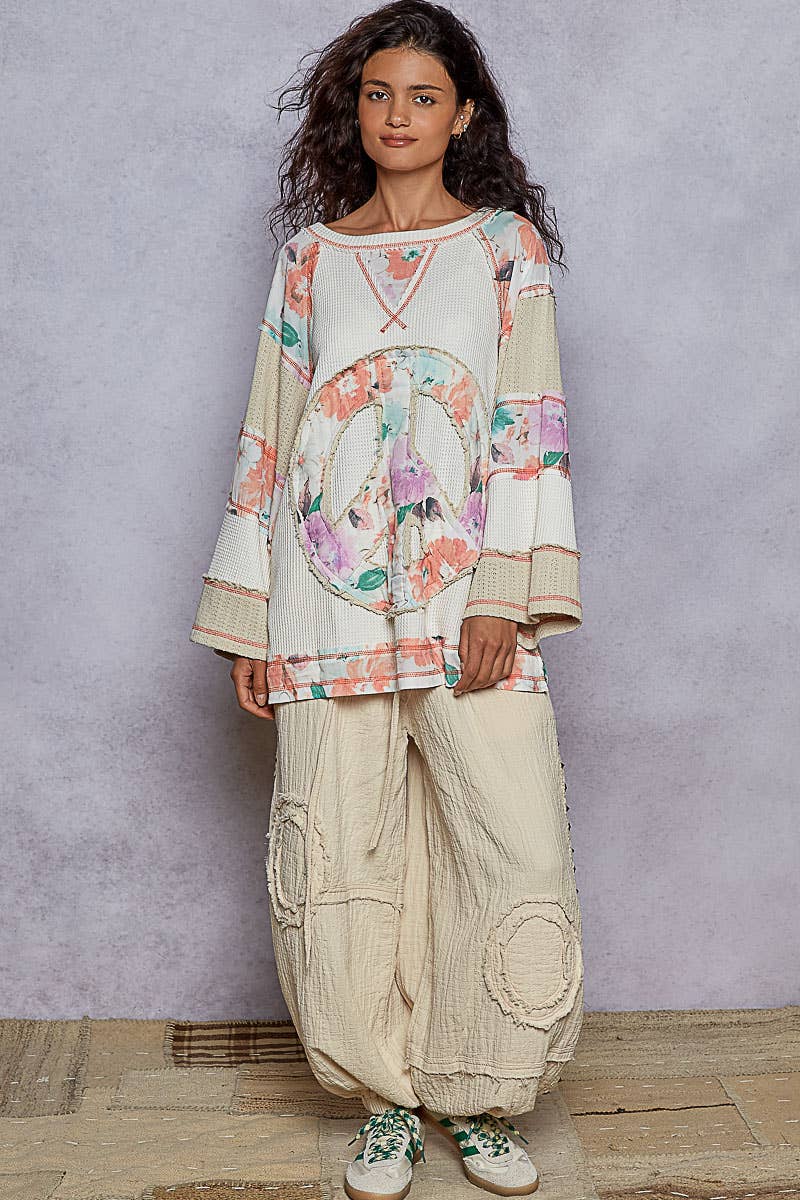 Pol Clothing - Round neck printed peace patch overlock stitch knit top