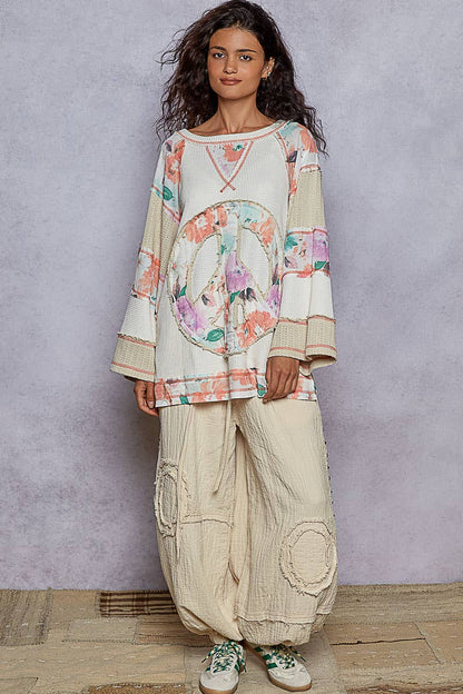 Pol Clothing - Round neck printed peace patch overlock stitch knit top