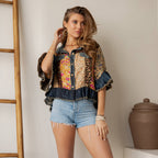 Distressed Denim Crop Jacket with Ruffled Hem