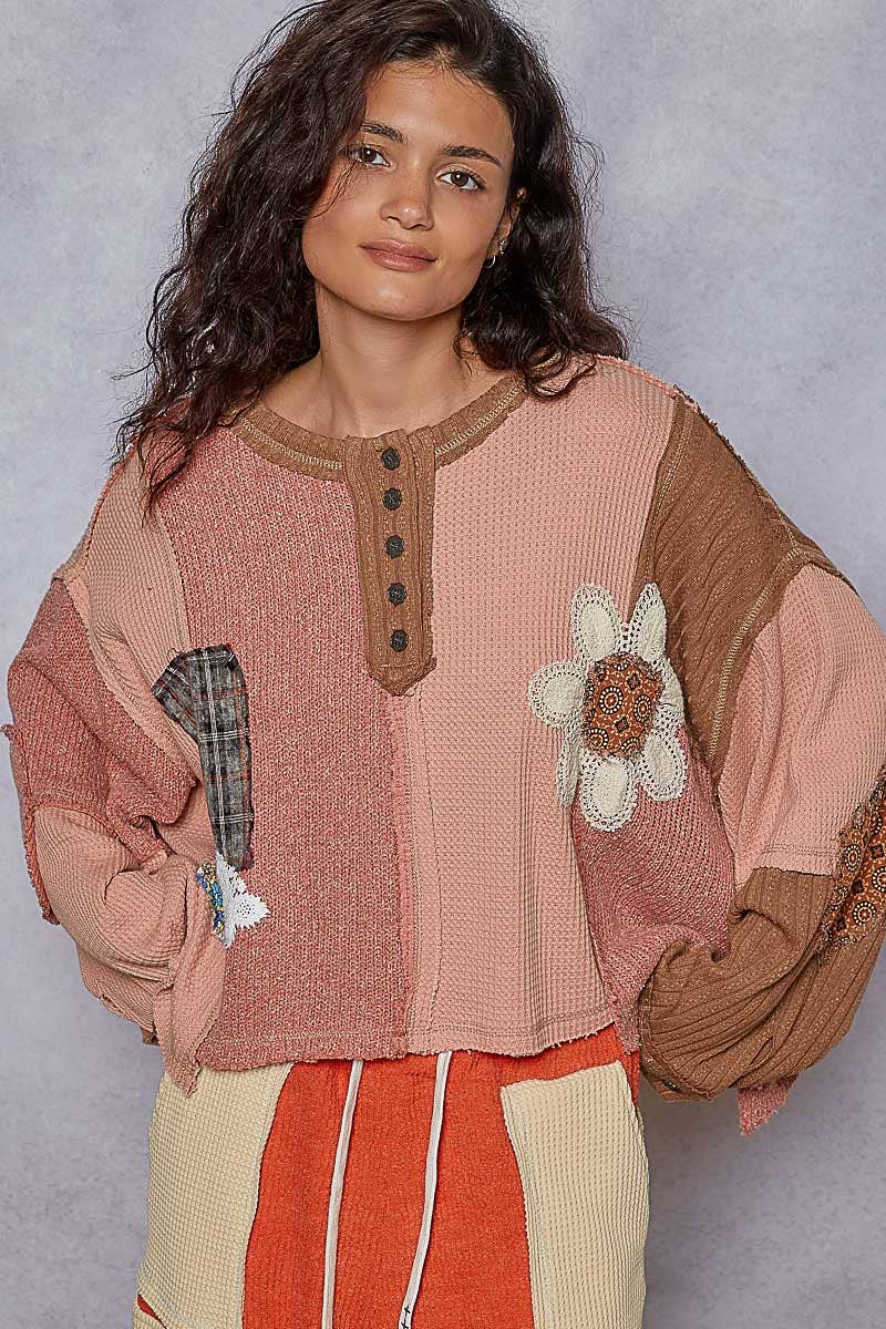 Pol Clothing - Round neck cut and sew patch oversized knit top