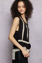 Pol Clothing - Metal Button Down Lace Trim Ruffle Round Neck Sleeveless