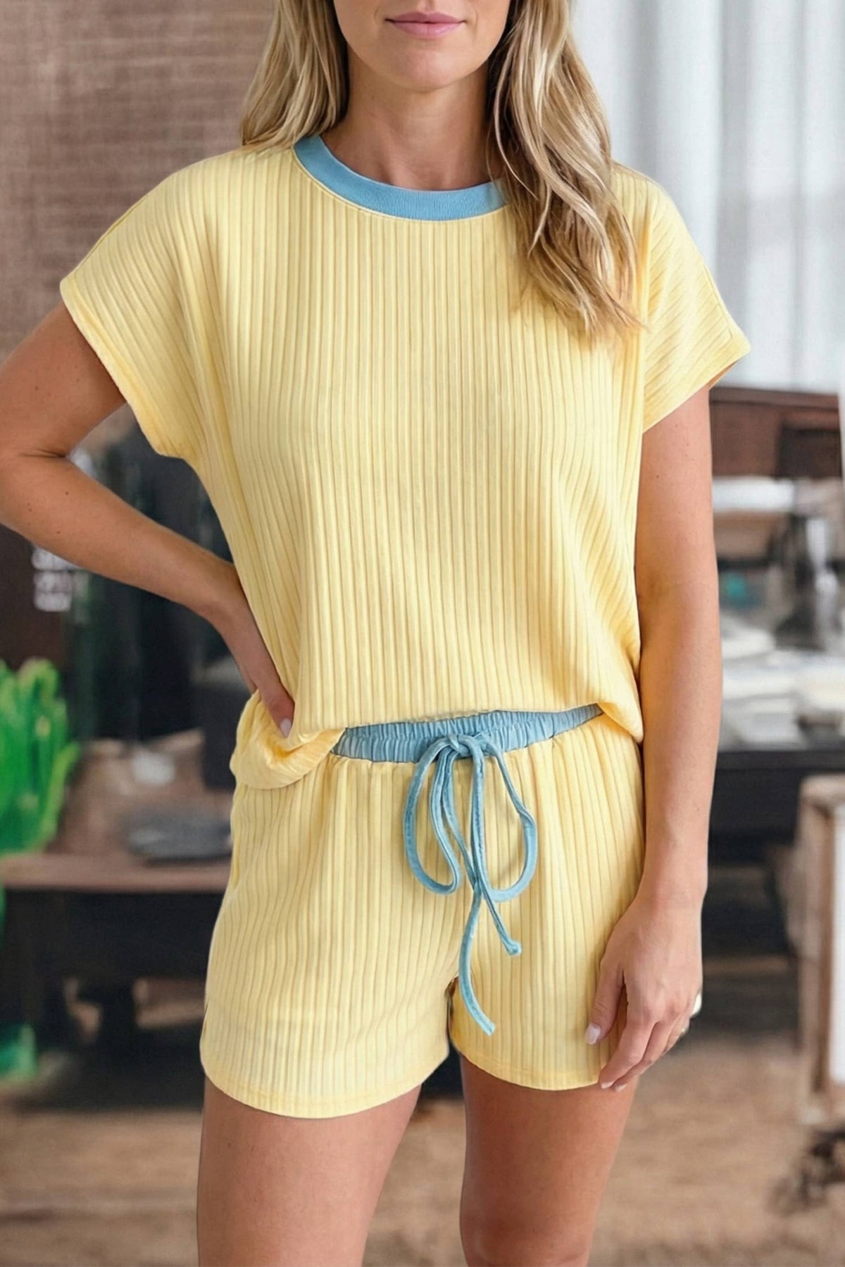 Summer Soft Ribbed Color Block Trim Casual Short Set