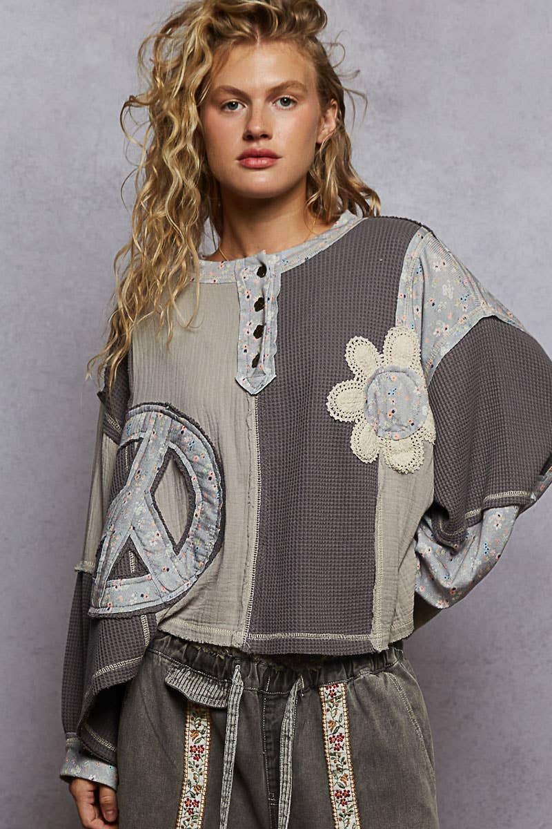 Pol Clothing - Round neck peace patch floral oversized fit knit top