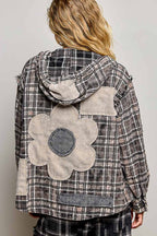 Pol Clothing - Plaid Woven Thermal Patch Floral Patchwork Hoodie Top