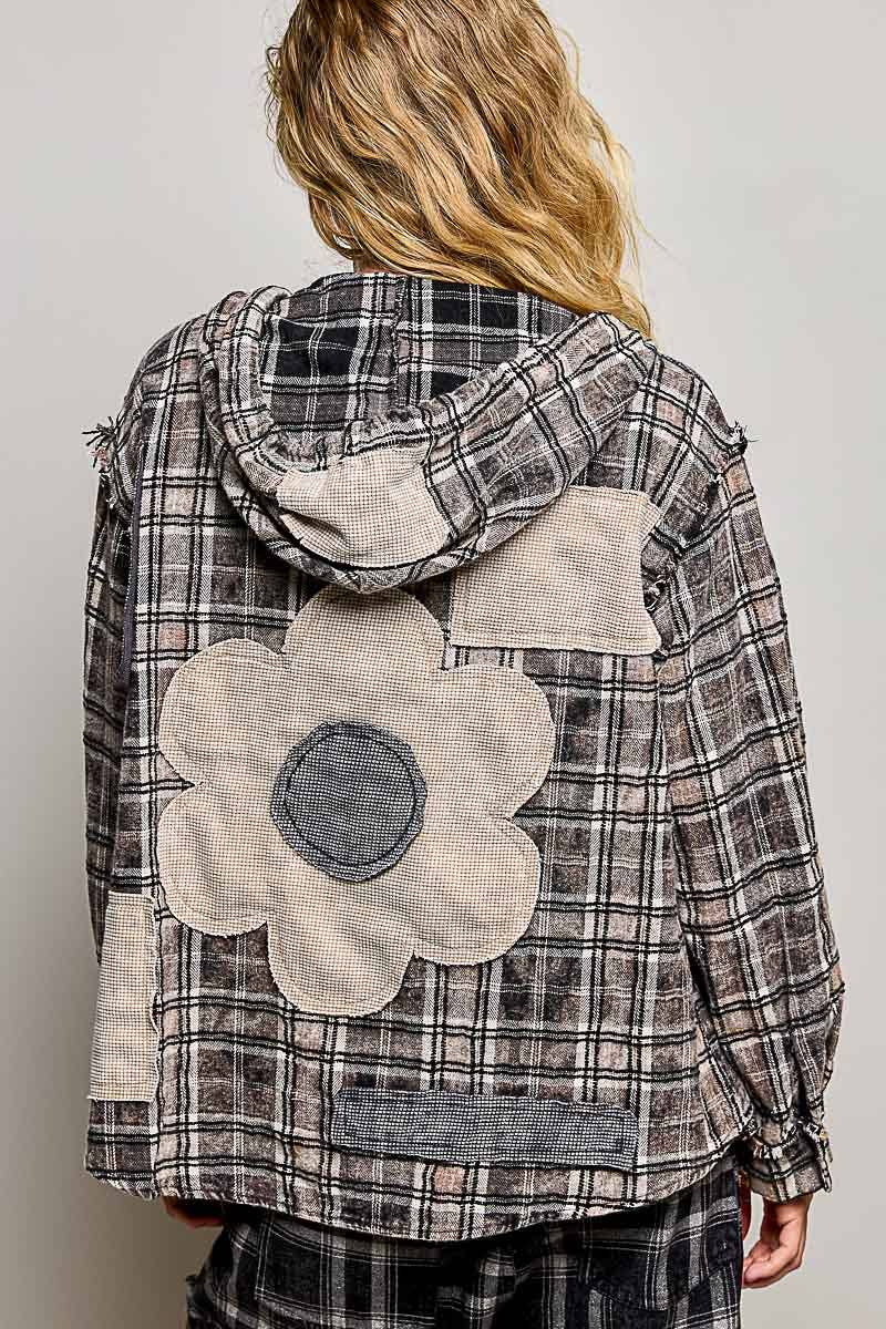 Pol Clothing - Plaid Woven Thermal Patch Floral Patchwork Hoodie Top