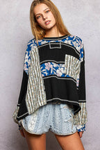 Marbella Long Sleeve Round Neck Floral Stripe Stitch Knit Top Pol Clothing
