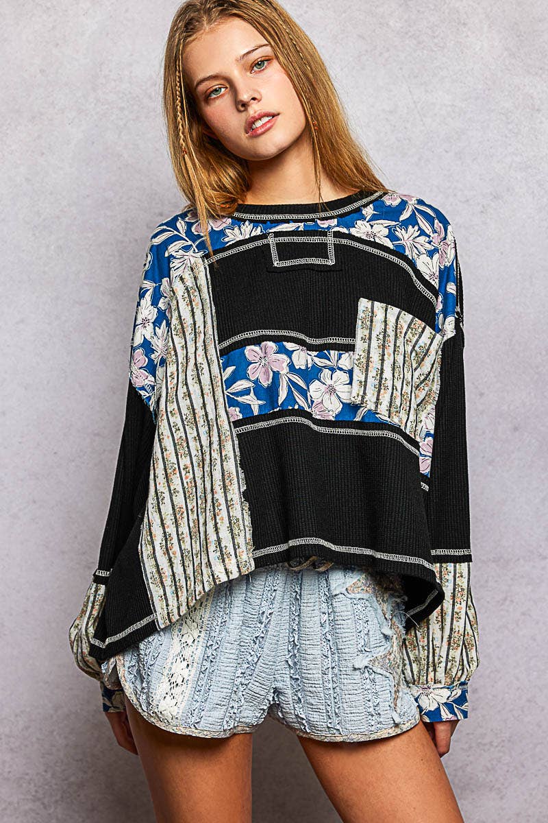 Marbella Long Sleeve Round Neck Floral Stripe Stitch Knit Top Pol Clothing