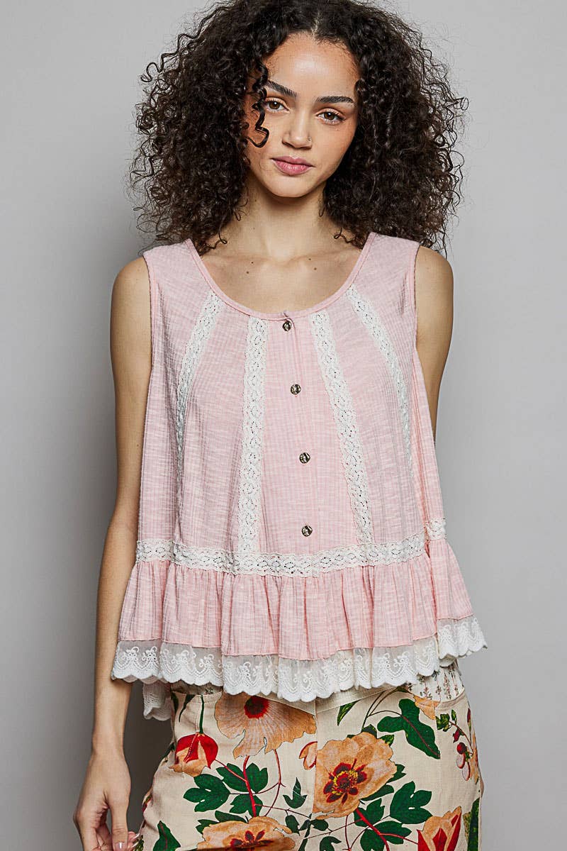 Pol Clothing - Metal Button Down Lace Trim Ruffle Round Neck Sleeveless