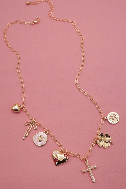 CHARM NECKLACE-CROSS CLOVER HEART BOW |