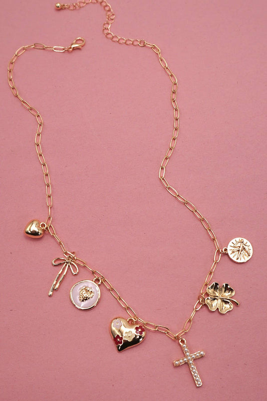 CHARM NECKLACE-CROSS CLOVER HEART BOW |