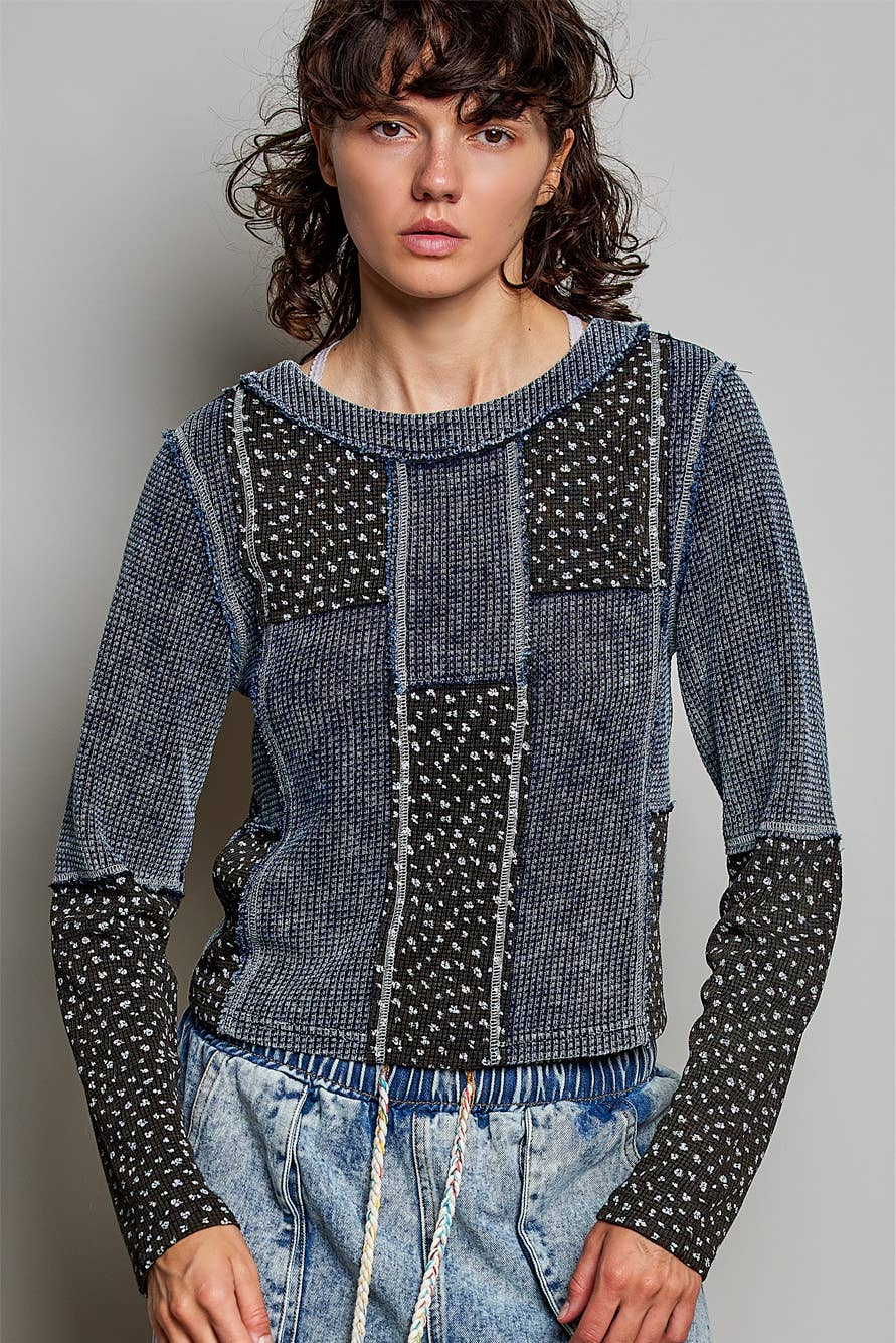 Pol Clothing - Waffle Knit Contrast Patchwork Top