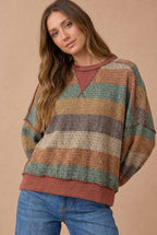 Haptics - Stripe Waffle Wave Rib Banded Hem Pullover