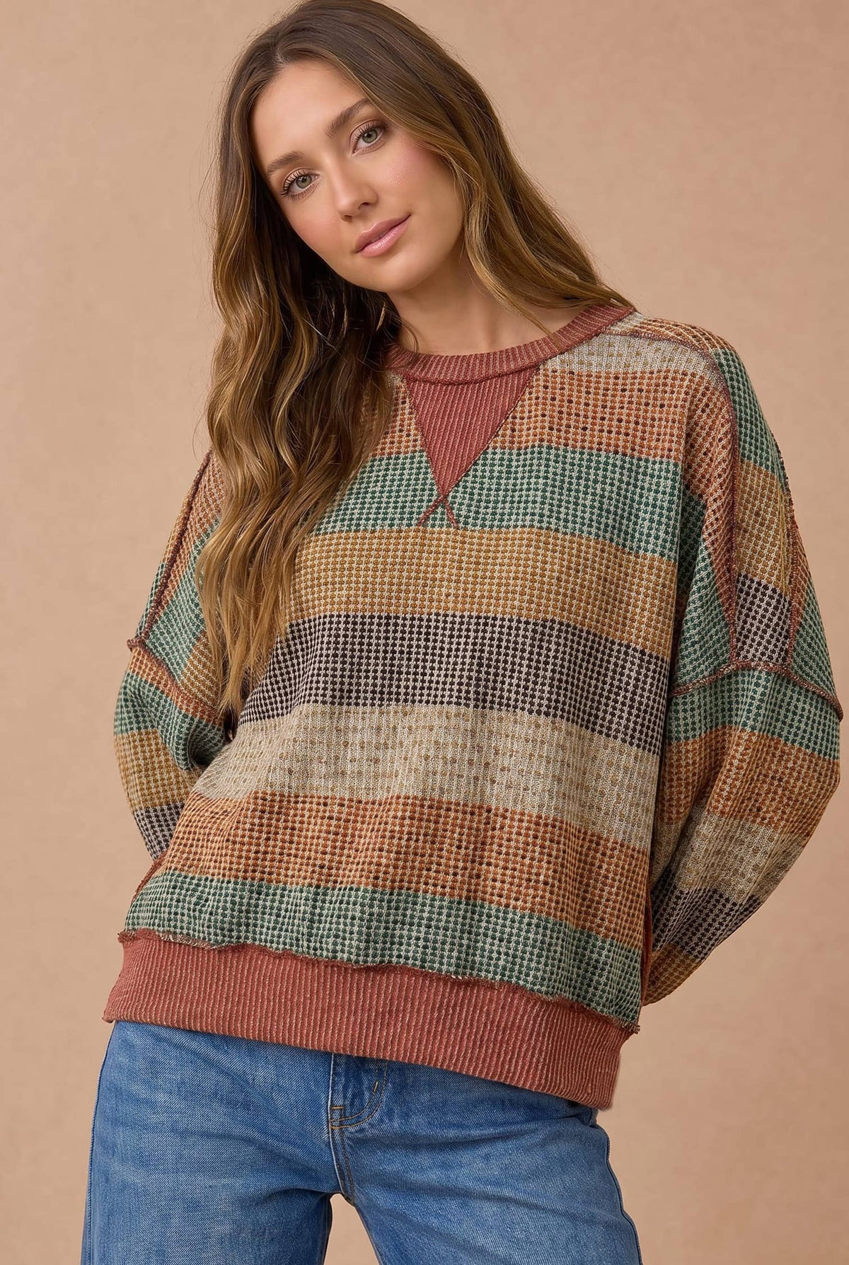 Haptics - Stripe Waffle Wave Rib Banded Hem Pullover