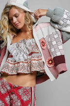 Pol Clothing - Mixed-Texture Patchwork Chenille Knit Crochet Cardigan