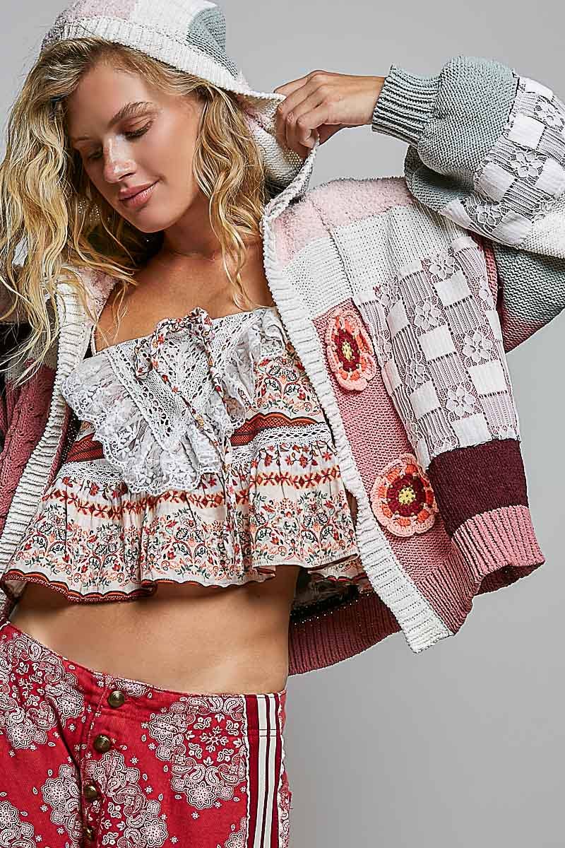 Pol Clothing - Mixed-Texture Patchwork Chenille Knit Crochet Cardigan