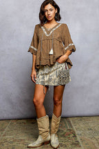 Pol Clothing - Short Sleeve Adjustable Drawstring Crochet V Neck Top